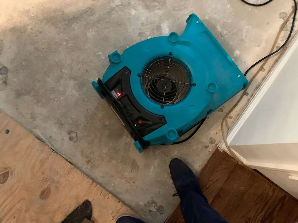 Air mover drying subfloor during Leak Detection & Repair in Batesburg-Leesville